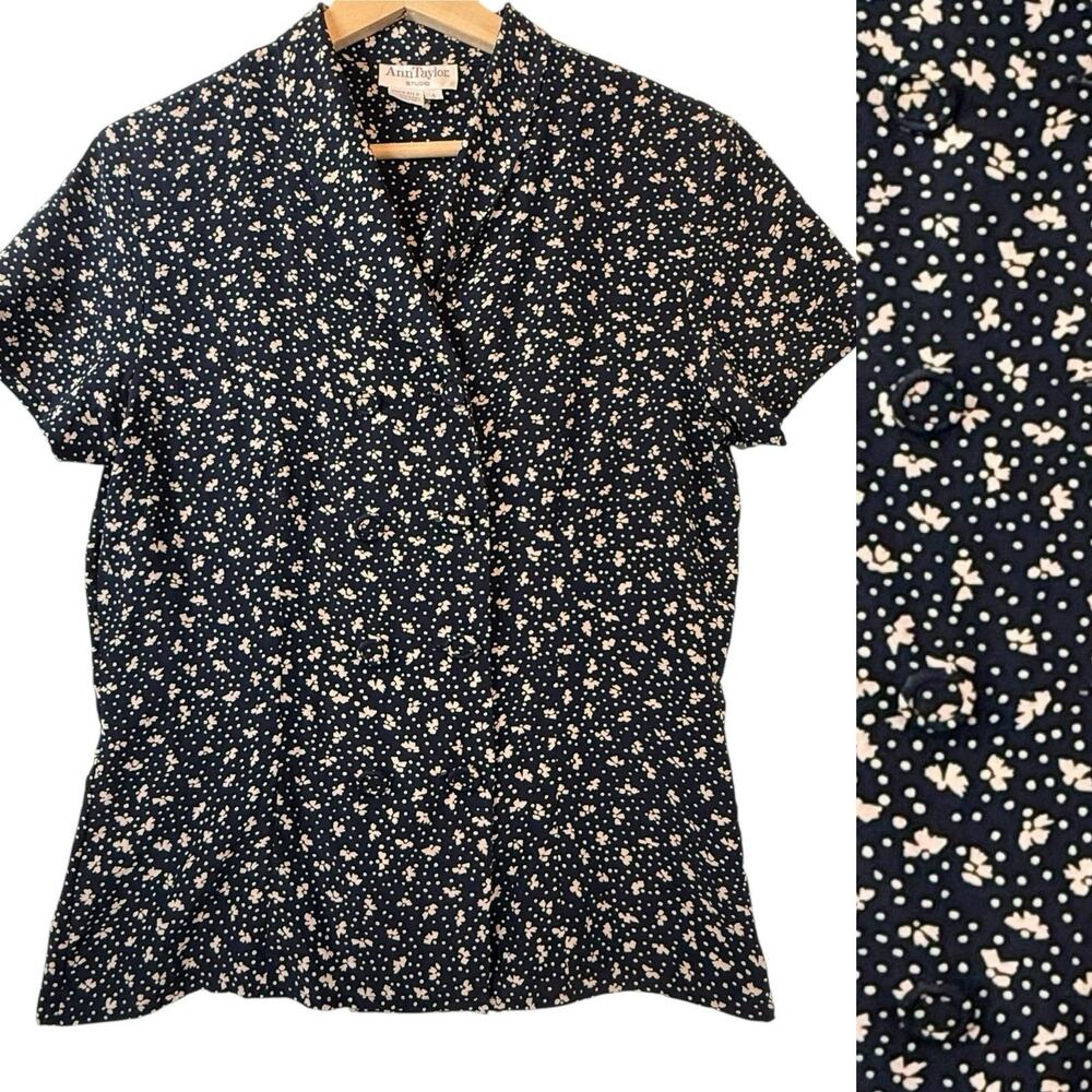 VTG 100% Silk Quiet Luxury DoubleBreasted Womens Blouse SIZE 4 Navy Blue S/S Dot